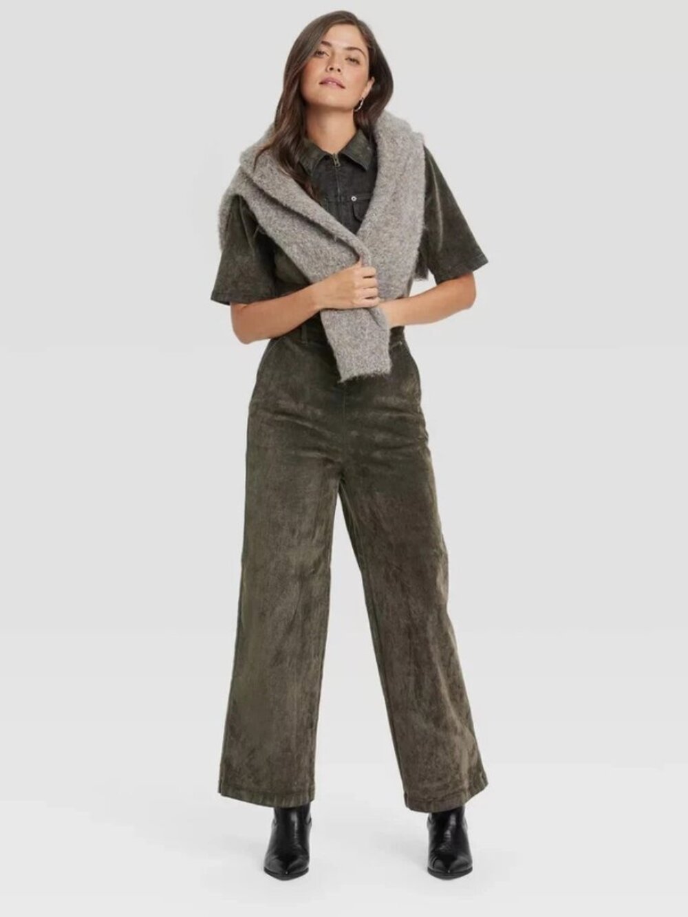 Women's Short Sleeve Flocked Denim Jumpsuit - Universal Thread Olive 00